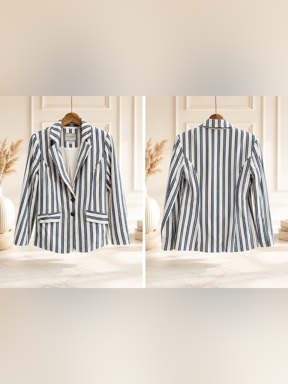 GUESS Vertical Striped Two-Button Blazer Jacket White & Blue | Size XS